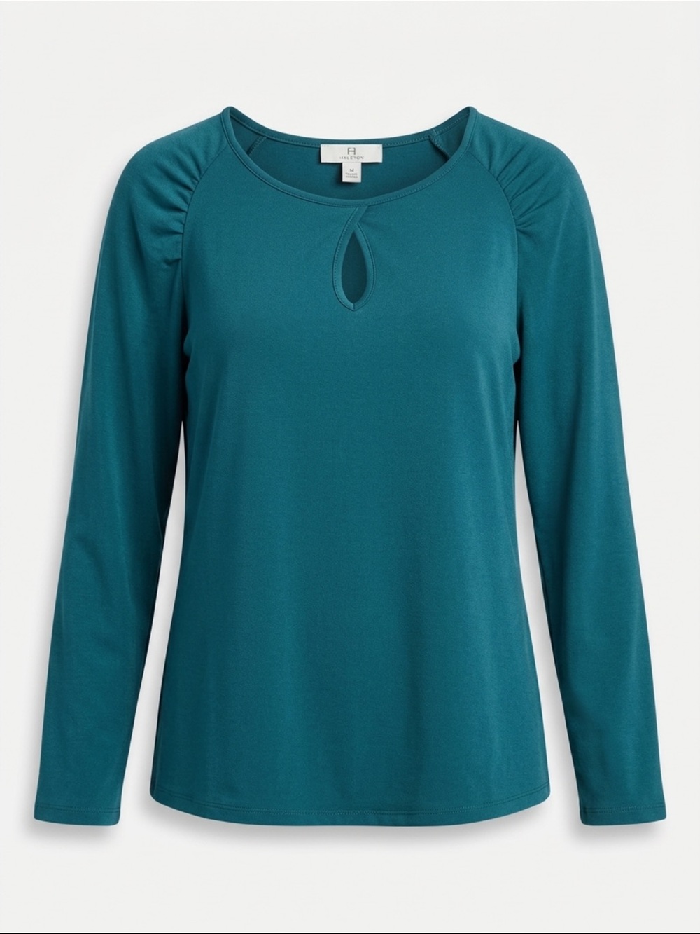 H by Halston Teal Keyhole Ruched Shoulder Long Sleeve Blouse - Size M - Picture 2 of 13